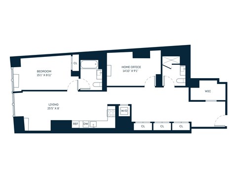 Floor plan for 1 bed, 2 baths, 1179 sqft